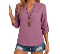 Women's Casual V Neck Long Sleeve Button Down Shirts Loose Fit Solid Color Linen Blend Blouse Tops Spring Summer Vacation Beach Outfits