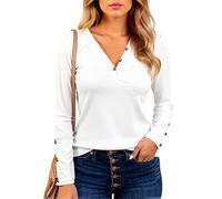 Women's Casual V Neck Long Sleeve T Shirt Ribbed Knit Henley Top with Button Cuffs Slim Fit Basic tee for Fall Winter Daily Wear Soft