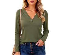 Women's Casual V Neck Long Sleeve T Shirt Ribbed Knit Henley Top with Button Cuffs Slim Fit Basic tee for Fall Winter Daily Wear Soft