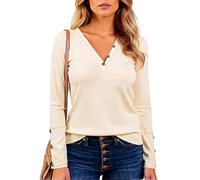 Women's Casual V Neck Long Sleeve T Shirt Ribbed Knit Henley Top with Button Cuffs Slim Fit Basic tee for Fall Winter Daily Wear Soft