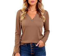 Women's Casual V Neck Long Sleeve T Shirt Ribbed Knit Henley Top with Button Cuffs Slim Fit Basic tee for Fall Winter Daily Wear Soft