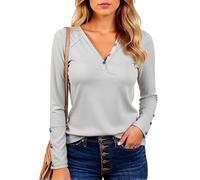 Women's Casual V Neck Long Sleeve T Shirt Ribbed Knit Henley Top with Button Cuffs Slim Fit Basic tee for Fall Winter Daily Wear Soft