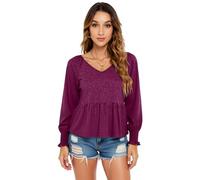 Women's Casual V Neck Long Sleeve Tunic Tops Flowy Peplum Blouse Smocked Cuff Shirts Loose Fit Summer Fall tee White Soft Fabric