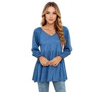 Women's Casual V Neck Long Sleeve Tunic Tops Flowy Peplum Blouse Smocked Cuff Shirts Loose Fit Summer Fall tee White Soft Fabric