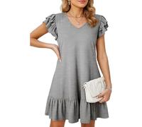 Women's Casual V Neck Ruffle Short Sleeve Swing Dress Summer Beach Loose Fit A Line Tunic Mini Dress with Flounce Hem for Daily Wear