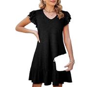 Women's Casual V Neck Ruffle Short Sleeve Swing Dress Summer Beach Loose Fit A Line Tunic Mini Dress with Flounce Hem for Daily Wear