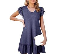 Women's Casual V Neck Ruffle Short Sleeve Swing Dress Summer Beach Loose Fit A Line Tunic Mini Dress with Flounce Hem for Daily Wear