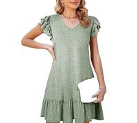 Women's Casual V Neck Ruffle Short Sleeve Swing Dress Summer Beach Loose Fit A Line Tunic Mini Dress with Flounce Hem for Daily Wear
