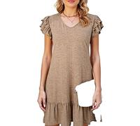 Women's Casual V Neck Ruffle Short Sleeve Swing Dress Summer Beach Loose Fit A Line Tunic Mini Dress with Flounce Hem for Daily Wear
