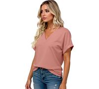 Women's Casual V Neck Short Sleeve T Shirts Summer Loose Fit Solid Color Tops Rolled Cuff Blouse for Ladies Plus Size Basic tee Wardrobe Staple