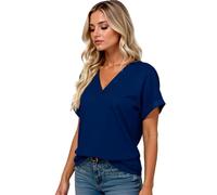 Women's Casual V Neck Short Sleeve T Shirts Summer Loose Fit Solid Color Tops Rolled Cuff Blouse for Ladies Plus Size Basic tee Wardrobe Staple