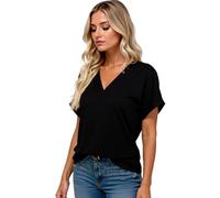 Women's Casual V Neck Short Sleeve T Shirts Summer Loose Fit Solid Color Tops Rolled Cuff Blouse for Ladies Plus Size Basic tee Wardrobe Staple