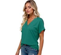 Women's Casual V Neck Short Sleeve T Shirts Summer Loose Fit Solid Color Tops Rolled Cuff Blouse for Ladies Plus Size Basic tee Wardrobe Staple