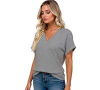 Women's Casual V Neck Short Sleeve T Shirts Summer Loose Fit Solid Color Tops Rolled Cuff Blouse for Ladies Plus Size Basic tee Wardrobe Staple