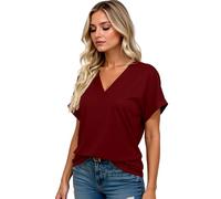Women's Casual V Neck Short Sleeve T Shirts Summer Loose Fit Solid Color Tops Rolled Cuff Blouse for Ladies Plus Size Basic tee Wardrobe Staple