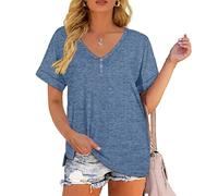Women's Casual V Neck T Shirt Short Sleeve Button Down Henley Tops Loose Fit Side Slit Summer tee Blouse for Daily Wear and Vacation