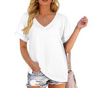 Women's Casual V Neck T Shirt Short Sleeve Button Down Henley Tops Loose Fit Side Slit Summer tee Blouse for Daily Wear and Vacation