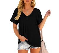 Women's Casual V Neck T Shirt Short Sleeve Button Down Henley Tops Loose Fit Side Slit Summer tee Blouse for Daily Wear and Vacation