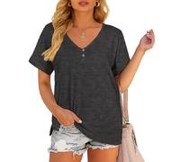 Women's Casual V Neck T Shirt Short Sleeve Button Down Henley Tops Loose Fit Side Slit Summer tee Blouse for Daily Wear and Vacation