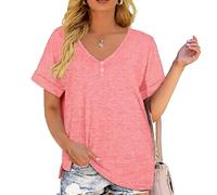 Women's Casual V Neck T Shirt Short Sleeve Button Down Henley Tops Loose Fit Side Slit Summer tee Blouse for Daily Wear and Vacation