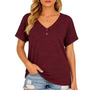 Women's Casual V Neck T Shirt Short Sleeve Button Down Henley Tops Loose Fit Side Slit Summer tee Blouse for Daily Wear and Vacation