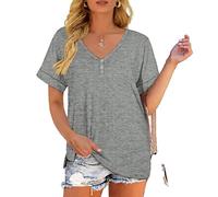 Women's Casual V Neck T Shirt Short Sleeve Button Down Henley Tops Loose Fit Side Slit Summer tee Blouse for Daily Wear and Vacation