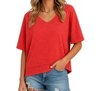 Women's Casual V Neck T Shirt Short Sleeve Loose Fit Summer Top with Raw Hem Detail Soft Cotton Blend Blouse for Daily Wear Beach Vacation