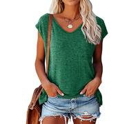 Women's Casual V Neck T Shirt Short Sleeve Summer Solid Color Loose Fit tee Tops Cap Sleeve Basic Blouse for Daily Wear Vacation Beach Outing