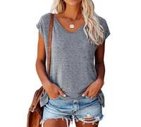 Women's Casual V Neck T Shirt Short Sleeve Summer Solid Color Loose Fit tee Tops Cap Sleeve Basic Blouse for Daily Wear Vacation Beach Outing