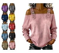 Women's Casual Washed Denim Cold Shoulder Buckle Strap Long Sleeve Blouse, Off-The-Shoulder Strapless Denim Shirt Top (Pink,XXL)
