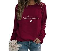 Womens Cat Mom Sweatshirt Cute Paw Graphic Long Sleeve Crewneck Pullover Tops Casual Loose Lightweight Shirts Cat Mama