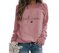 Womens Cat Mom Sweatshirt Cute Paw Graphic Long Sleeve Crewneck Pullover Tops Casual Loose Lightweight Shirts Cat Mama