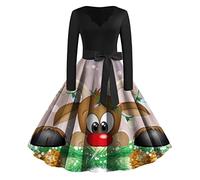 Womens Christmas Dress Xmas Party Costume Snowman Swing Dresses Long Sleeve Cocktail Dress Novelty Printed Costume Christmas Dresses for Women UK Ladies Xmas Outfit (24 Khaki, S)