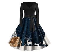 Womens Christmas Dress Xmas Party Costume Snowman Swing Dresses Long Sleeve Cocktail Dress Novelty Printed Costume Christmas Dresses for Women UK Ladies Xmas Outfit (1-Navy, S)