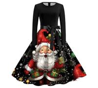 Womens Christmas Dress Xmas Party Costume Snowman Swing Dresses Long Sleeve Cocktail Dress Novelty Printed Costume Christmas Dresses for Women UK Ladies Xmas Outfit (01 Black, M)