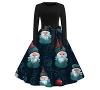 Womens Christmas Dress Xmas Party Costume Snowman Swing Dresses Long Sleeve Cocktail Dress Novelty Printed Costume Christmas Dresses for Women UK Ladies Xmas Outfit (14 A-Navy, L)