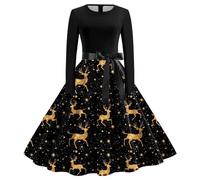 Womens Christmas Dress Xmas Party Costume Snowman Swing Dresses Long Sleeve Cocktail Dress Novelty Printed Costume Christmas Dresses for Women UK Ladies Xmas Outfit (02 Gold, L)