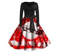 Womens Christmas Dress Xmas Party Costume Snowman Swing Dresses Long Sleeve Cocktail Dress Novelty Printed Costume Christmas Dresses for Women UK Ladies Xmas Outfit (1-Red, XL)