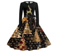 Womens Christmas Dress Xmas Party Costume Snowman Swing Dresses Long Sleeve Cocktail Dress Novelty Printed Costume Christmas Dresses for Women UK Ladies Xmas Outfit (06 Yellow, M)