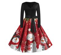 Womens Christmas Dress Xmas Party Costume Snowman Swing Dresses Long Sleeve Cocktail Dress Novelty Printed Costume Christmas Dresses for Women UK Ladies Xmas Outfit (2-Red, L)
