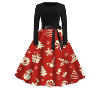 Womens Christmas Dress Xmas Party Costume Snowman Swing Dresses Long Sleeve Cocktail Dress Novelty Printed Costume Christmas Dresses for Women UK Ladies Xmas Outfit (07 Beige, L)