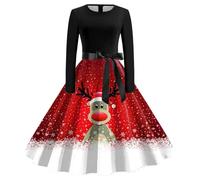 Womens Christmas Dress Xmas Party Costume Snowman Swing Dresses Long Sleeve Cocktail Dress Novelty Printed Costume Christmas Dresses for Women UK Ladies Xmas Outfit (05 Watermelon Red, XL)