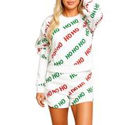 Women's Christmas Pajama Sets 2 Piece Long Sleeve Sweatshirt and Shorts Lounge Wear Ho Ho Ho Print Holiday Sleepwear Casual Outfit