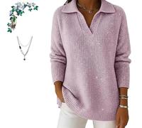 Women's Christmas Party V Collar Shiny Loose Sweater Top, Casual Loose V Neck Collared Knit Jumper Sparkly Sweaters (Pink,M)