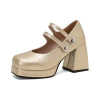 Womens Chunky Alto Tacón Ancho Square Punta Redonda Plataforma Mary Jane Pumps Dress Oficina Zapatos para Mujer Niñas Señoras Oro Numero 37
