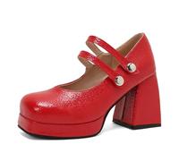 Womens Chunky Alto Tacón Ancho Square Punta Redonda Plataforma Mary Jane Pumps Dress Oficina Zapatos para Mujer Niñas Señoras Rojo Numero 47