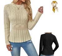 Women's Chunky Crew Neck Long Sleeve Knit Top,Fall Winter Casual Soft Lightweight Knitted Sweater,Fitted Tunic Knit Tops (FR/ES, Letras, S, Regular, Regular, Apricot)