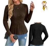 Women's Chunky Crew Neck Long Sleeve Knit Top,Fall Winter Casual Soft Lightweight Knitted Sweater,Fitted Tunic Knit Tops (FR/ES, Letras, XL, Regular, Regular, Brown)