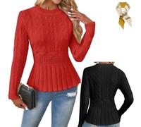 Women's Chunky Crew Neck Long Sleeve Knit Top,Fall Winter Casual Soft Lightweight Knitted Sweater,Fitted Tunic Knit Tops (FR/ES, Letras, XXL, Regular, Regular, Red)