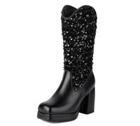 Womens Chunky Heel Punta Quadrada Plataforma Mid Calf Botas Tacón Alto Zipper Comfort Sintético y goma Sole Faux Cuero Invierno Botines Quilted Botas para mujer Señoras Niñas Negro Numero 41